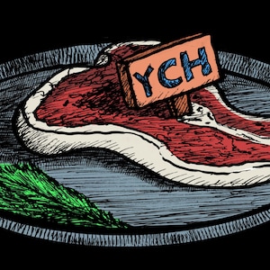 May include: An illustrated steak on a plate with a sprig of green herbs. A sign with the letters "YCH" is stuck in the steak. The plate is gray with a black background.