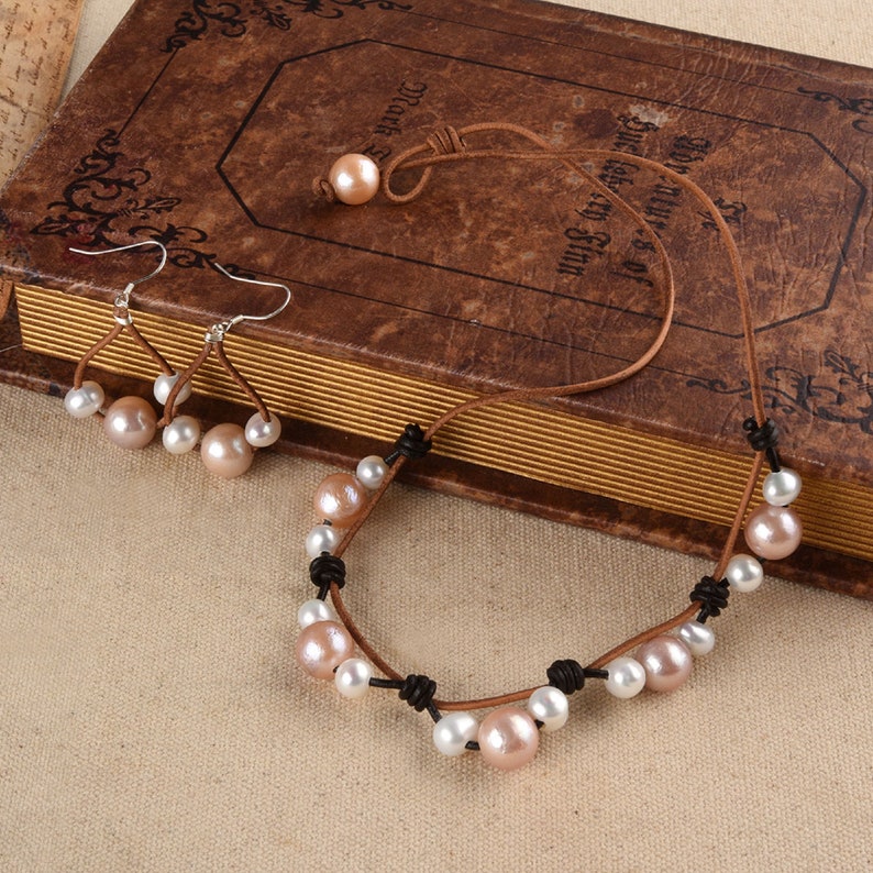 Pink White Pearls Leather Jewelry Set-Leather Pearl Necklace-925 Silver and Pearl Earrings-Gift for Her