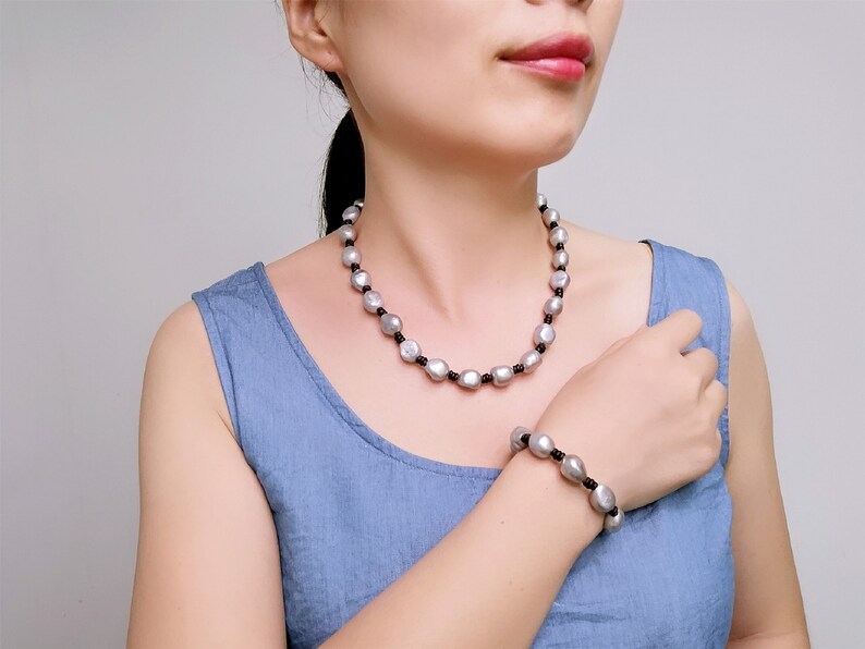 Gray Baroque Pearl Jewelry Set-Black Leather Bracelet-Genuine Freshwater Pearl Necklace-Gift for Her