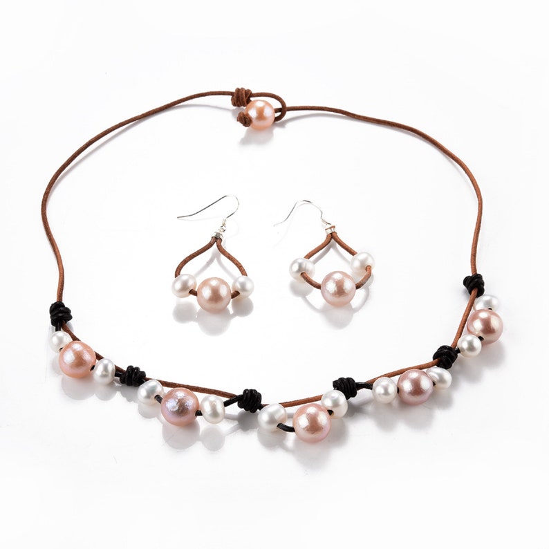 Pink White Pearls Leather Jewelry Set-Leather Pearl Necklace-925 Silver and Pearl Earrings-Gift for Her