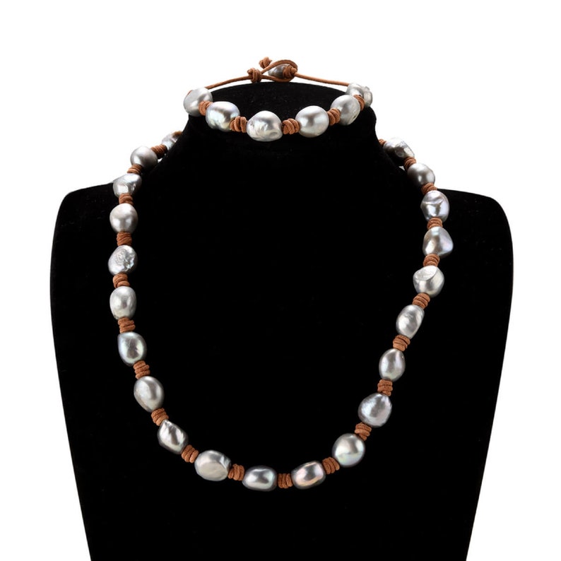 Gray Baroque Pearl Jewelry Set-Black Leather Bracelet-Genuine Freshwater Pearl Necklace-Gift for Her