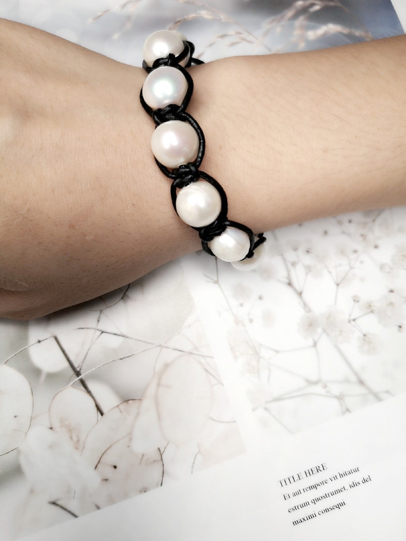 Large Pearl Knotted on Leather Wrap Bracelet-Black Leather Bracelet-Genuine Freshwater Pearl-Leather Pearl Bracelet