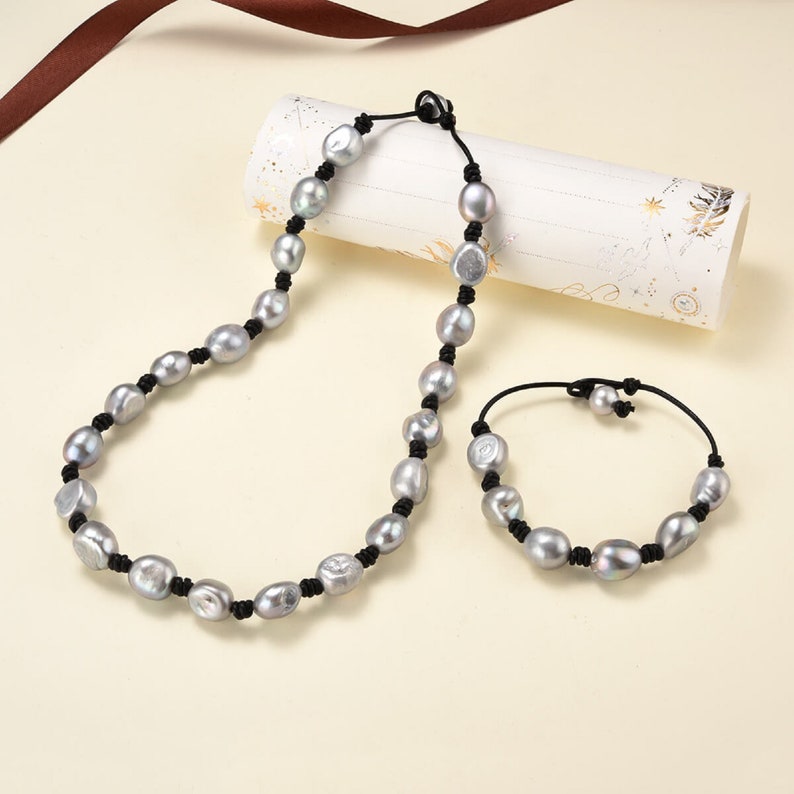 Gray Baroque Pearl Jewelry Set-Black Leather Bracelet-Genuine Freshwater Pearl Necklace-Gift for Her