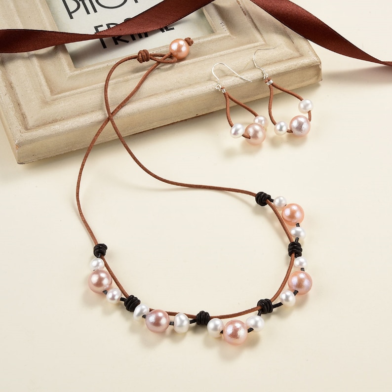Pink White Pearls Leather Jewelry Set-Leather Pearl Necklace-925 Silver and Pearl Earrings-Gift for Her