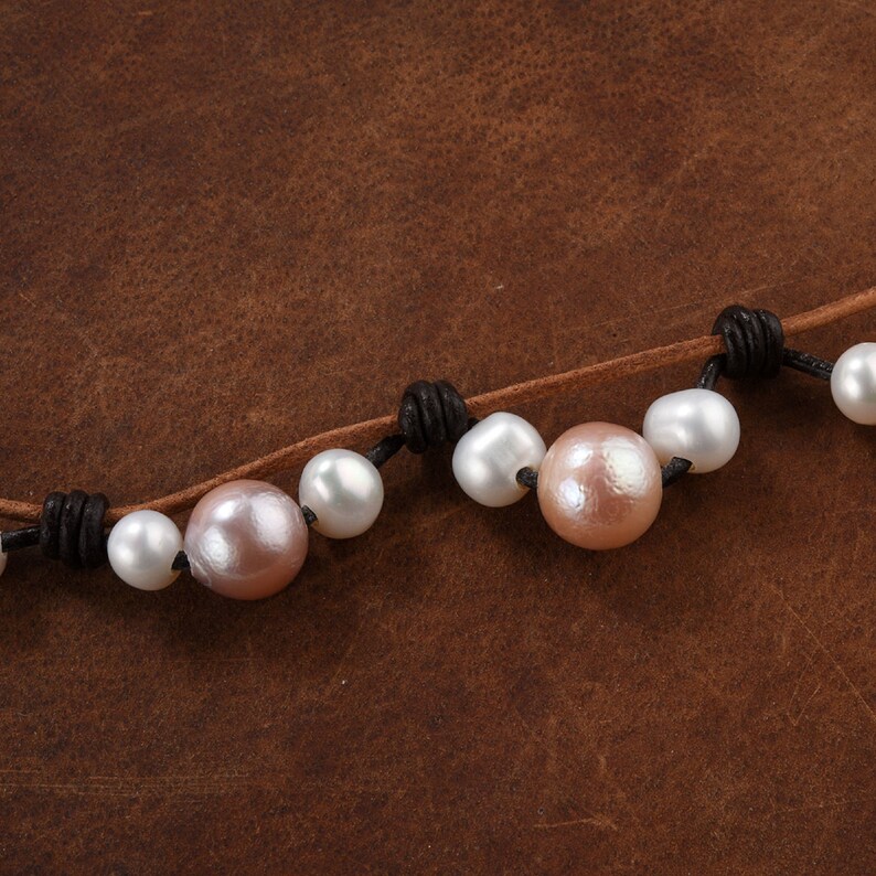 Pink White Pearls Leather Jewelry Set-Leather Pearl Necklace-925 Silver and Pearl Earrings-Gift for Her