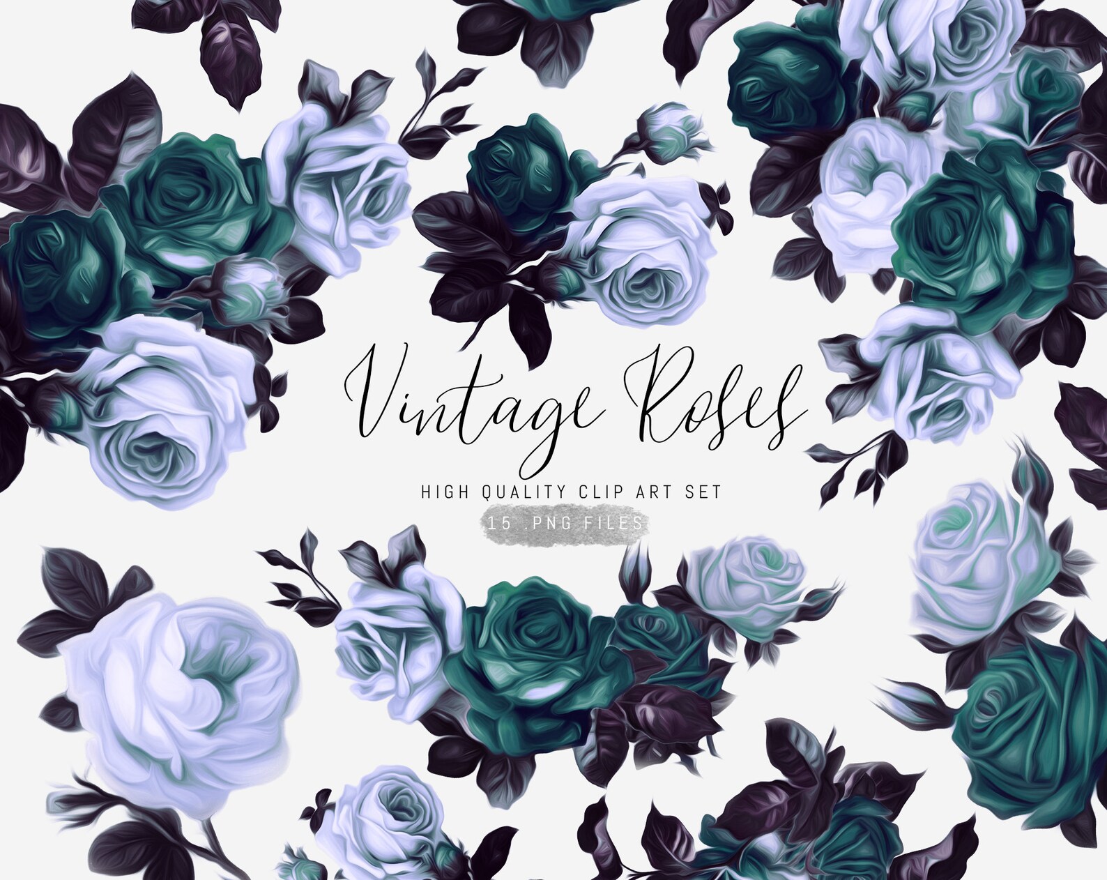 Turquoise Roses Clipart Vintage Roses Clip Art Blue Floral Etsy