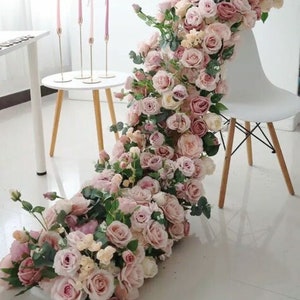 Baby Shower Reception Table Runner Wedding Road Cited Flower White Silk Rose Flower Row Wedding Aisle Flower Garland Party Stage Backdrop