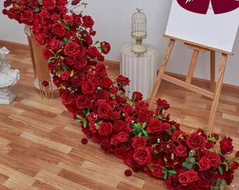 Red Silk Rose Flower Row Table Flower Runner Wedding Aisle Flower Reception Party Road Cited Flower Party Flower Row Backdrop 200x40cm