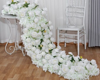 White Rose Flower Runner: Silk Wedding Table Centerpiece (200x50cm)