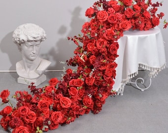 Red Rose Table Runner: Silk Flower Wedding Aisle Decor (100x45cm)