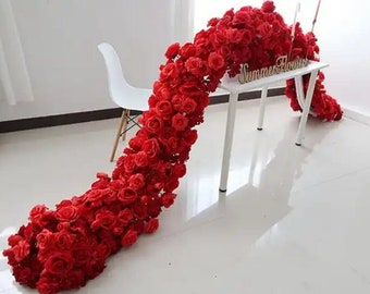 Party Road Cited Flower Red Silk Rose Flower Row Wedding Aisle Flower Table Runner Artificial Flower Garland Stair Floral Arrangement