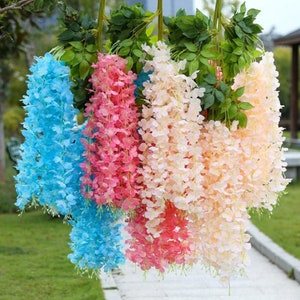 12pcs Artificial Wisteria Flowers Bushy Silk Artificial Wisteria Vine Ratta Hanging Garland Flowers String Home Party Outdoor Wedding Decor