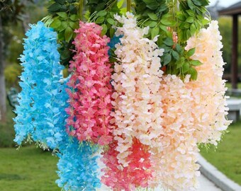 12pcs Artificial Wisteria Flowers Bushy Silk Artificial Wisteria Vine Ratta Hanging Garland Flowers String Home Party Outdoor Wedding Decor
