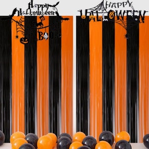 Halloween Orange and Black Fringe Curtains With Letter Flag Tassel Door Curtain Pumpkin Bat Spider Flag Backdrop Curtain for Halloween Night