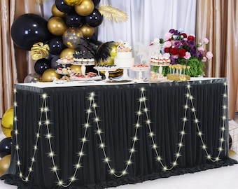 Table Skirt With LED Light Birthday Dessert Table Tablecloth Double Layer Tulle Table Skirting for Wedding Party Banquet Decor Backdrop