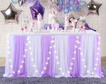 Double Color Matching Table Skirt With LED String Light Birthday Dessert Table Tablecloth Tulle Table Skirting for Wedding Party Baby Shower