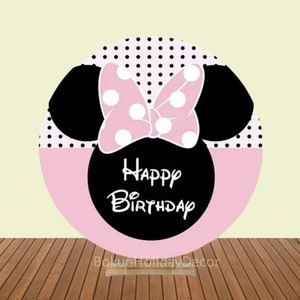 Girls Birthday Round Photography Backdrop Cover For Party Decors Cartoon Minnie Head Circle Arch Photo Background Poster Pink Round Fabric