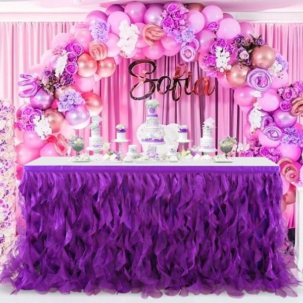 Purple Double Layer Curly Willow Tulle Table Skirting Ruffle Wedding Party Table Skirt Baby Shower Birthday Table Decoration