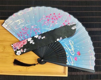 Floral Butterfly Silk Hand Fan, Bamboo Folding Fan