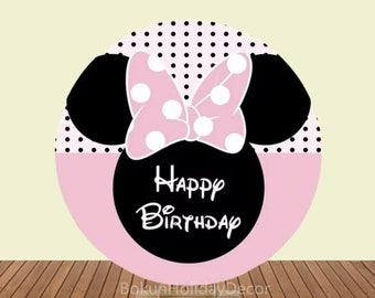 Girls Birthday Round Photography Backdrop Cover For Party Decors Cartoon Minnie Head Circle Arch Photo Background Poster Pink Round Fabric