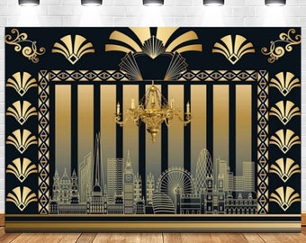 Telones de fondo para fotografía de fiesta de cumpleaños con temática del Gran Gatsby, fondo negro y dorado, pancarta con impresión de vinilo, decoración de pared, póster