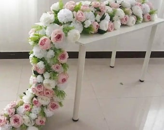 Wedding Aisle Flower Pink Silk Rose White Hydrangea Row Flower  Reception Table Runner Party Road Cited Flower Stair Floral Arrangement