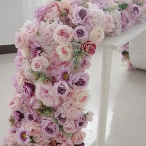 Wedding Aisle Flower Reception Table Runner Light Purple&Dusty Pink Rose Flower Row Party Road Cited Flower Wedding Backdrop Garland