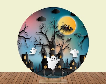 Bats Spooky Castle Halloween Night Round Backdrop Photo Photography Background Halloween Circle Backdrop Cover Theme Party Decor Poster