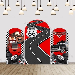 Red Car Theme Arch Cover for Boys Birthday Party Photography Backdrop Cover Chiara Wall Backdrop Decor Double Side Polyester Arch Cover