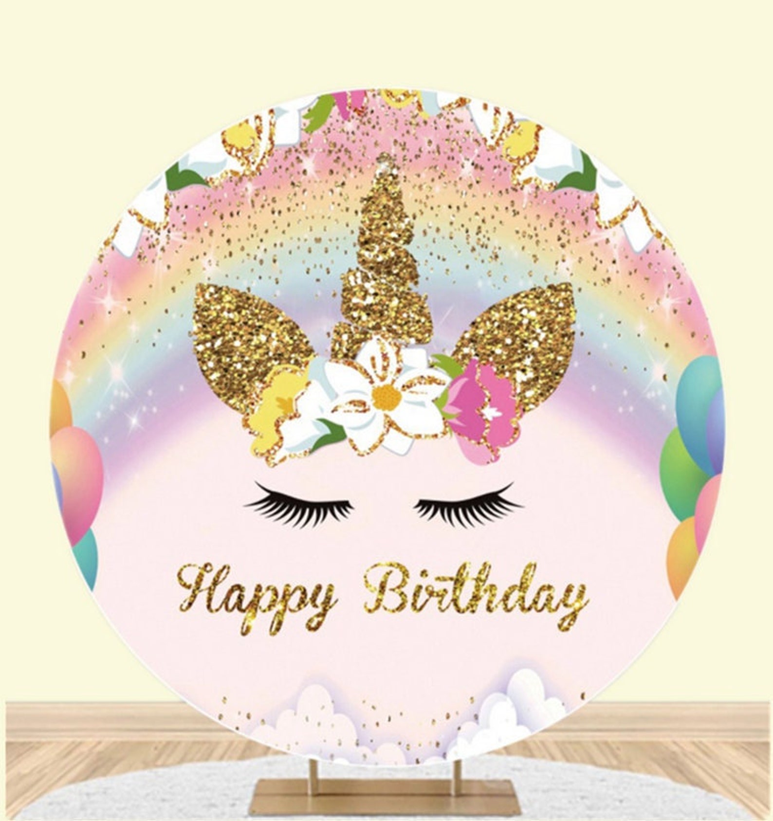 Floral Unicorn Raionbow Round Birthday Backdrop Kit