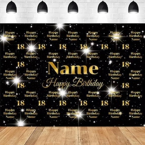 Puede incluir: Fondo de cumpleaños negro y dorado con el texto "Name" y "Happy Birthday" en escritura dorada. El número "18" se repite en todo el diseño, junto con las palabras "Happy Birthday" y "Name".