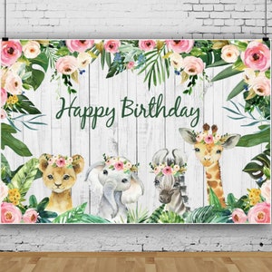 Jungle Safari Animales Telón de fondo Hojas tropicales Bandera salvaje Fiesta de cumpleaños recién nacido Fotografía Fondo Baby Shower Decoración de la pared