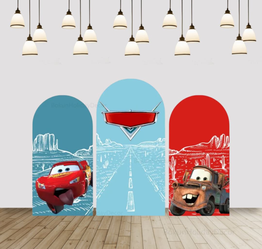 Red Blue Cars Theme Arch Backdrop Cover for Boys Birthday Photo