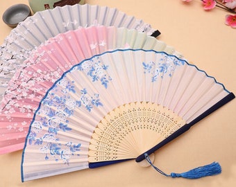 Floral Silk Hand Fan: Bamboo Folding Fan, Wedding Favor