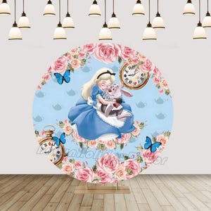 Alice in Wonderland Round Backdrop Cover Kids Birthday Decoration Cartoon Girls Circle Cover for Baby Shower Party Photo Backdrop Decor