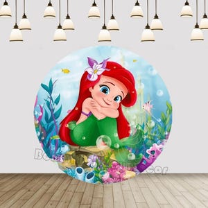 Princess Ariel Little Mermaid Round Backdrop Cover for Baby Shower Circle Undersea Mermaid Background Photography Girl Birthday Party Decor
