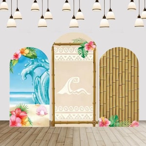 May include: Three arched backdrop panels featuring a tropical theme. The left panel shows a beach with ocean waves and hibiscus flowers. The center panel has a bamboo frame with a wave graphic. The right panel displays a vertical bamboo pattern.