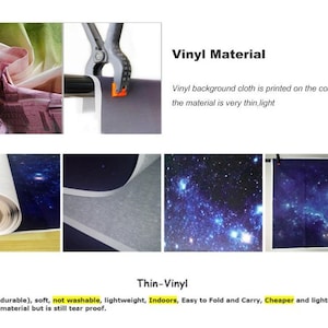 K&ouml;nnte beinhalten: Nahaufnahme eines d&uuml;nnen, leichten Vinyl-Hintergrundmaterials. Das Material ist mit einem Galaxie-Design bedruckt und aufgerollt. Der Text "Vinyl Material" und "Thin-Vinyl" ist auf dem Bild sichtbar. Der Text lautet: "Vinyl-Hintergrundstoff wird auf dem Computer gedruckt, das Material ist sehr d&uuml;nn, leicht. D&uuml;nn (auch strapazierf&auml;hig), weich, nicht waschbar, leicht, Innenbereich, Einfach zu falten und zu tragen, G&uuml;nstiger und leichter als Polyestermaterial, aber dennoch rei&szlig;fest."