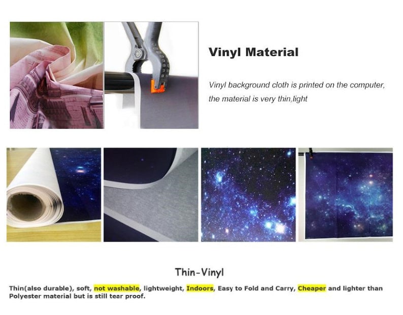 K&ouml;nnte beinhalten: Nahaufnahme eines d&uuml;nnen, leichten Vinyl-Hintergrundmaterials. Das Material ist mit einem Galaxie-Design bedruckt und aufgerollt. Der Text "Vinyl Material" und "Thin-Vinyl" ist auf dem Bild sichtbar. Der Text lautet: "Vinyl-Hintergrundstoff wird auf dem Computer gedruckt, das Material ist sehr d&uuml;nn, leicht. D&uuml;nn (auch strapazierf&auml;hig), weich, nicht waschbar, leicht, Innenbereich, Einfach zu falten und zu tragen, G&uuml;nstiger und leichter als Polyestermaterial, aber dennoch rei&szlig;fest."
