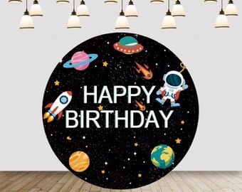 Ruimte verjaardagsfeestje achtergrond hoes, astronaut planeet thema