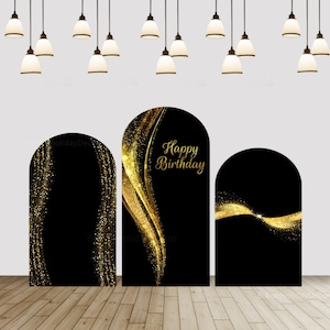 Gold Glitter Schwarz Bogen Hintergrund Happy Birthday Gewölbte Wand Chiara Hintergrund Abdeckungen für Erwachsene Geburtstag Party Decor