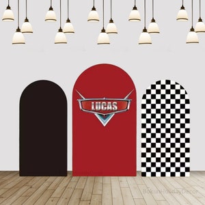Cubierta de fondo de arco con tema de coches rojos negros para niños, fotografía de cumpleaños, cubierta de fondo, cubierta de arco de Baby Shower, fondo de Chiara