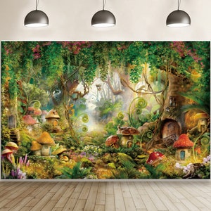 Dream Forest Mushroom House Fairyland Fairy Tale Photography Sfondo Paesaggio Esterno Vinile Sfondo Festa Banner Foto Props Decor