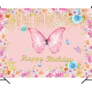Pink Butterfly Flowers Birthday Party Backdrop For Girls Outdoor Photography Backdrop Custom Name Baby Shower Plant Floral Party Decoration