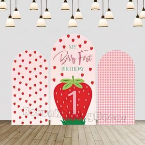 Copertura per arco a strisce rosa con fragole, decorazione per festa del primo compleanno di My Berry, copertura per arco per baby shower per bambine, tessuto per fondale Chiara Arch, doppia faccia