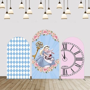 Cartone animato Alice nel Paese delle Meraviglie Copertura ad arco Fondale da parete Dama blu Orologio rosa Ragazza Compleanno Baby Shower Sfondo ad arco Chiara Doubleside