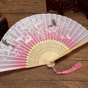 Pink Silk Bamboo Handheld Folding Fans Rabbit Flowers Fabric Hand Fan Wedding Bridal Fans Souvenir Dance Party Fan Custom Name and Date