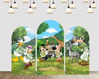 Telón de fondo para arco de safari en la jungla: Decoración para fiesta de cumpleaños de Mickey y Minnie