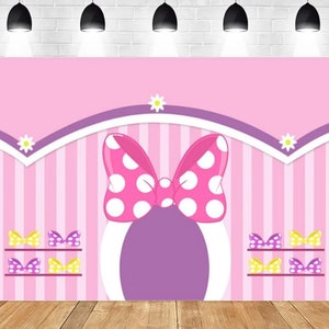 Pink Minnie Theme Party Bow Backdrop Kids Girls Birthday Photography Background Newborn Stage Vinyl Printing Backdrop Cartoon Banner