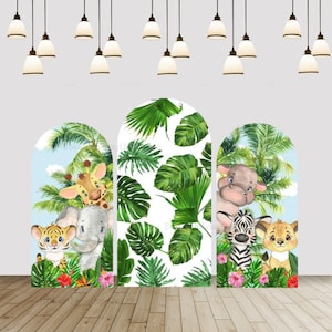 Wild Animals Arch Backdrop Cover Tropical Jungle Birthday Party Arched Chiara Background Baby Green Leaves Arch Cover Party Decor Wall